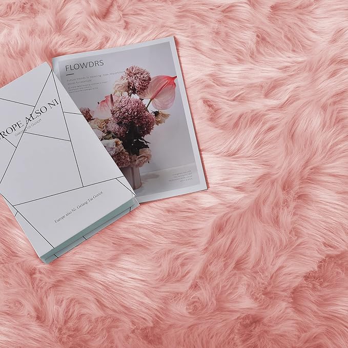Goolela Pink Round Rug 5ft Circle Fluffy Fuzzy Fur Carpet - Image 5