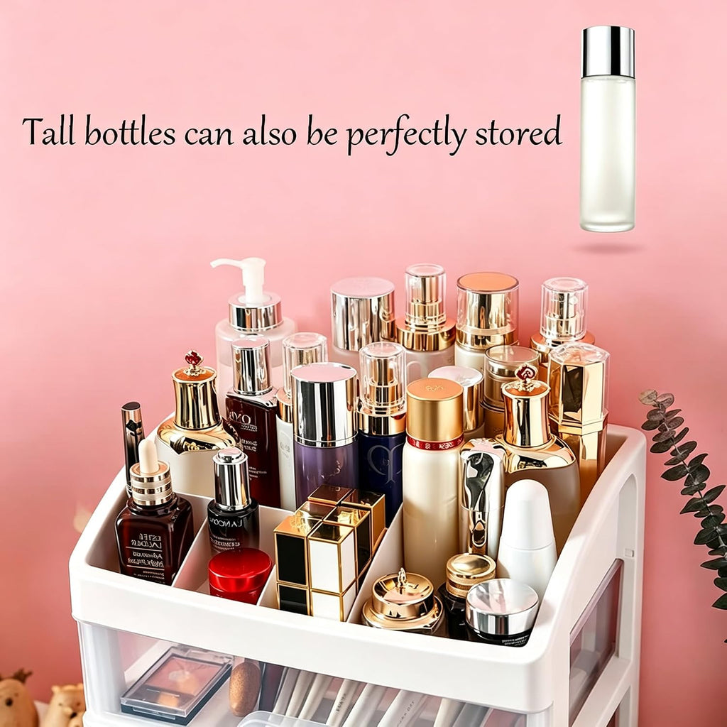 Makeup Organizer with 3 Drawers Plastic Storage for Vanity Cosmetic Display Cases Large Capacity Bathroom Countertop Plastic Storage for Skin Care Products(Arc Type)