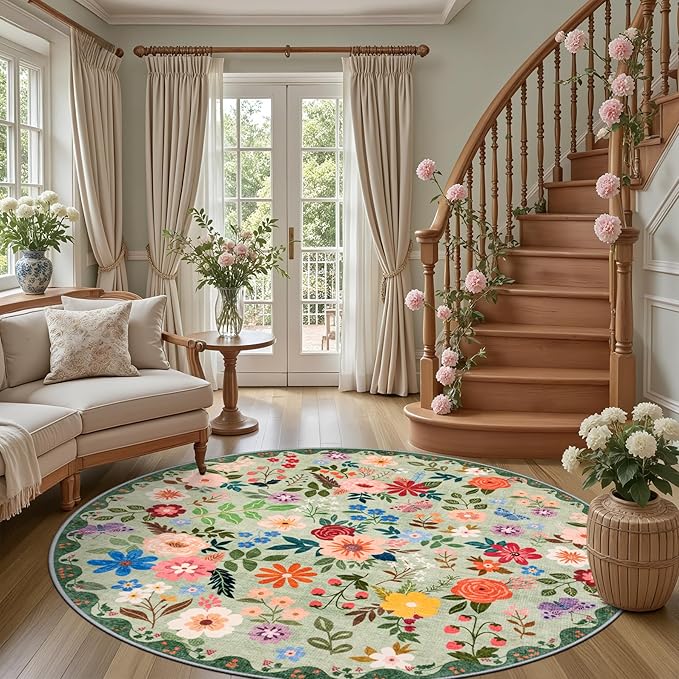 Round Area Rug for Living Room: 6 ft Floral Washable Circle Rug Soft Boho - Image 2