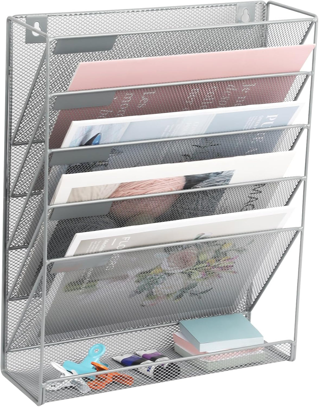 Desk File Organizer Mesh 6-Tier, Hanging Wall Mount Document Organization Stand, Desktop Vertical Mail Paper Folder Holder Rack with Bottom Tray for Office Home Cubicle Countertop, Gray