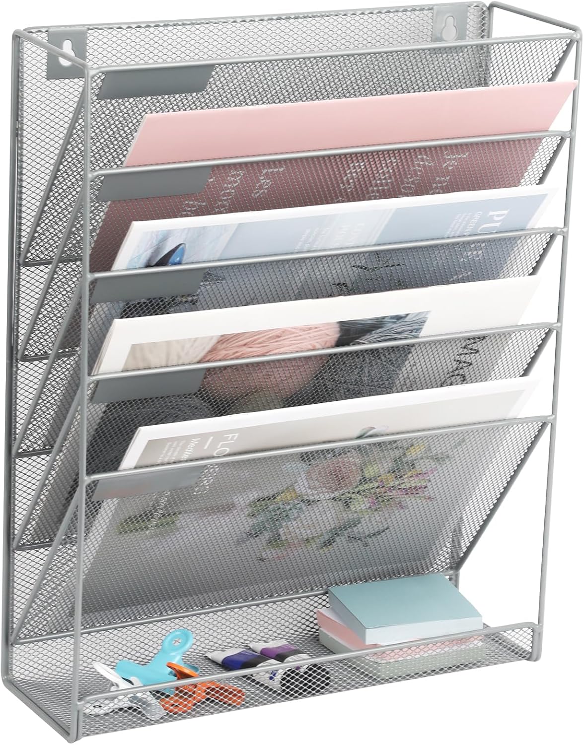 Desk File Organizer Mesh 6-Tier, Hanging Wall Mount Document Organization Stand, Desktop Vertical Mail Paper Folder Holder Rack with Bottom Tray for Office Home Cubicle Countertop, Gray