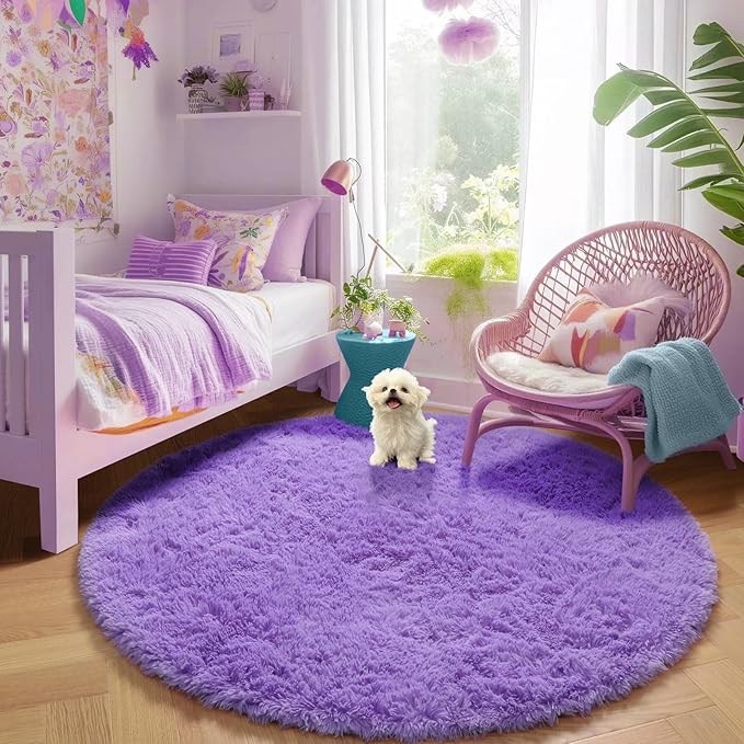 Amdrebio Purple Round Rugs 4Ft for Girls Bedroom Decor Aesthetic, Fluffy Fuzzy - Image 3