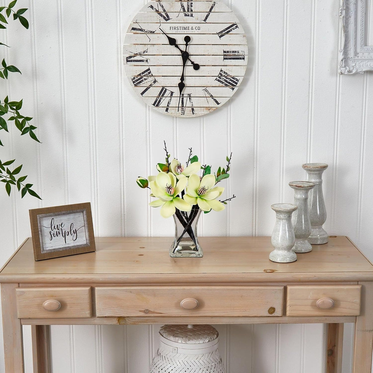 Nearly Natural 4534-WH Magnolia Arrangement with Vase,White