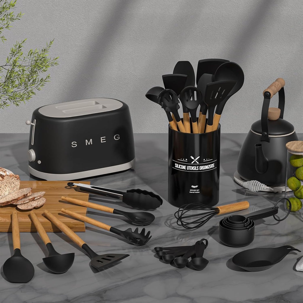 Umite Chef Kitchen Cooking Utensils Set, 33 pcs Non-Stick Silicone Cooking Kitchen Spatula Set with Holder, Wooden Handle Silicone Kitchen Gadgets Utensil Set (Black)