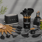 Umite Chef Kitchen Cooking Utensils Set, 33 pcs Non-Stick Silicone Cooking Kitchen Spatula Set with Holder, Wooden Handle Silicone Kitchen Gadgets Utensil Set (Black)