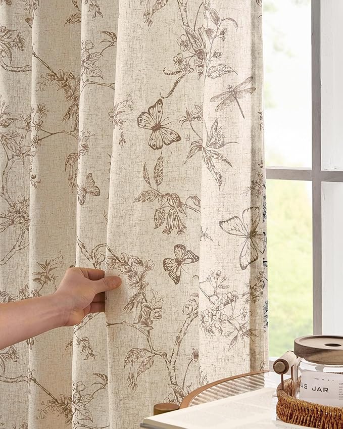 jinchan Floral Linen Curtains for Living Room 84 Inch Length Butterfly Curtain - Image 3