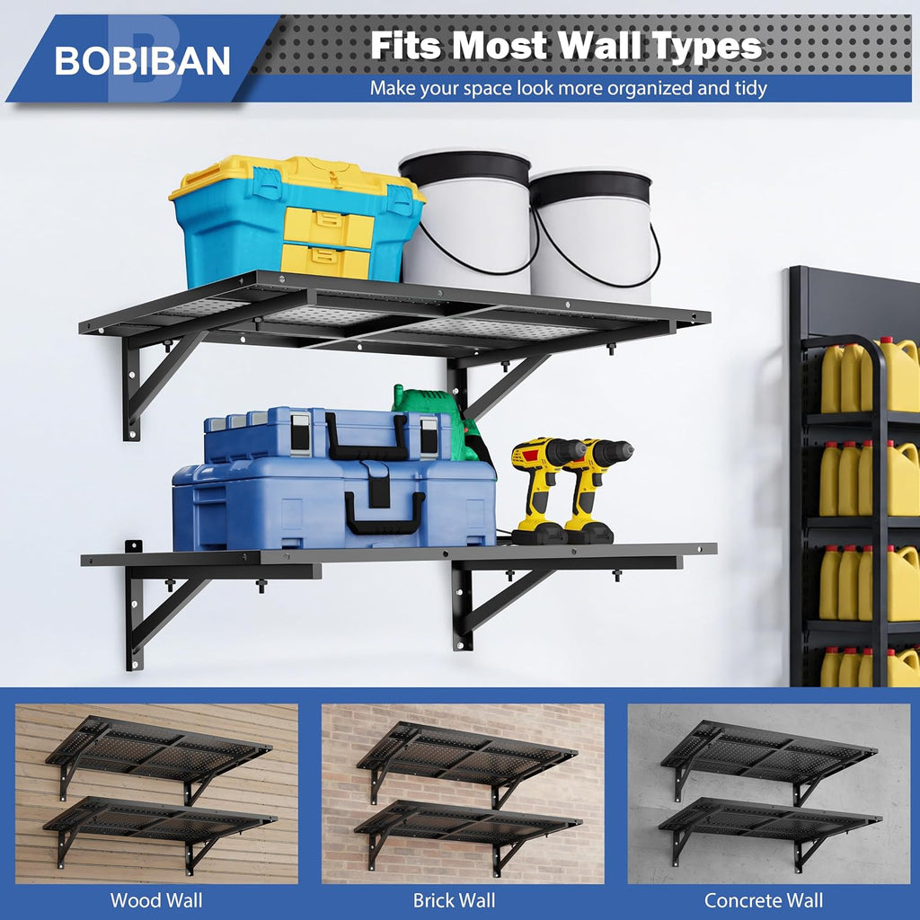 2 Pack Garage Wall Shelving, 2x3ft Heavy Duty Wall Shelves, Black