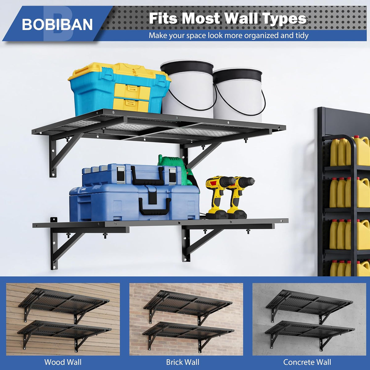 2 Pack Garage Wall Shelving, 2x3ft Heavy Duty Wall Shelves, Black