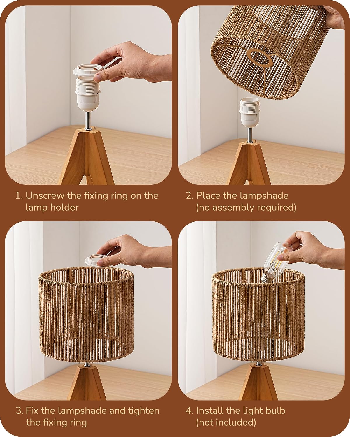 EDISHINE Small Rattan Table Lamp, Wood Tripod Bedside Lamp, 14.2", E26 Base
