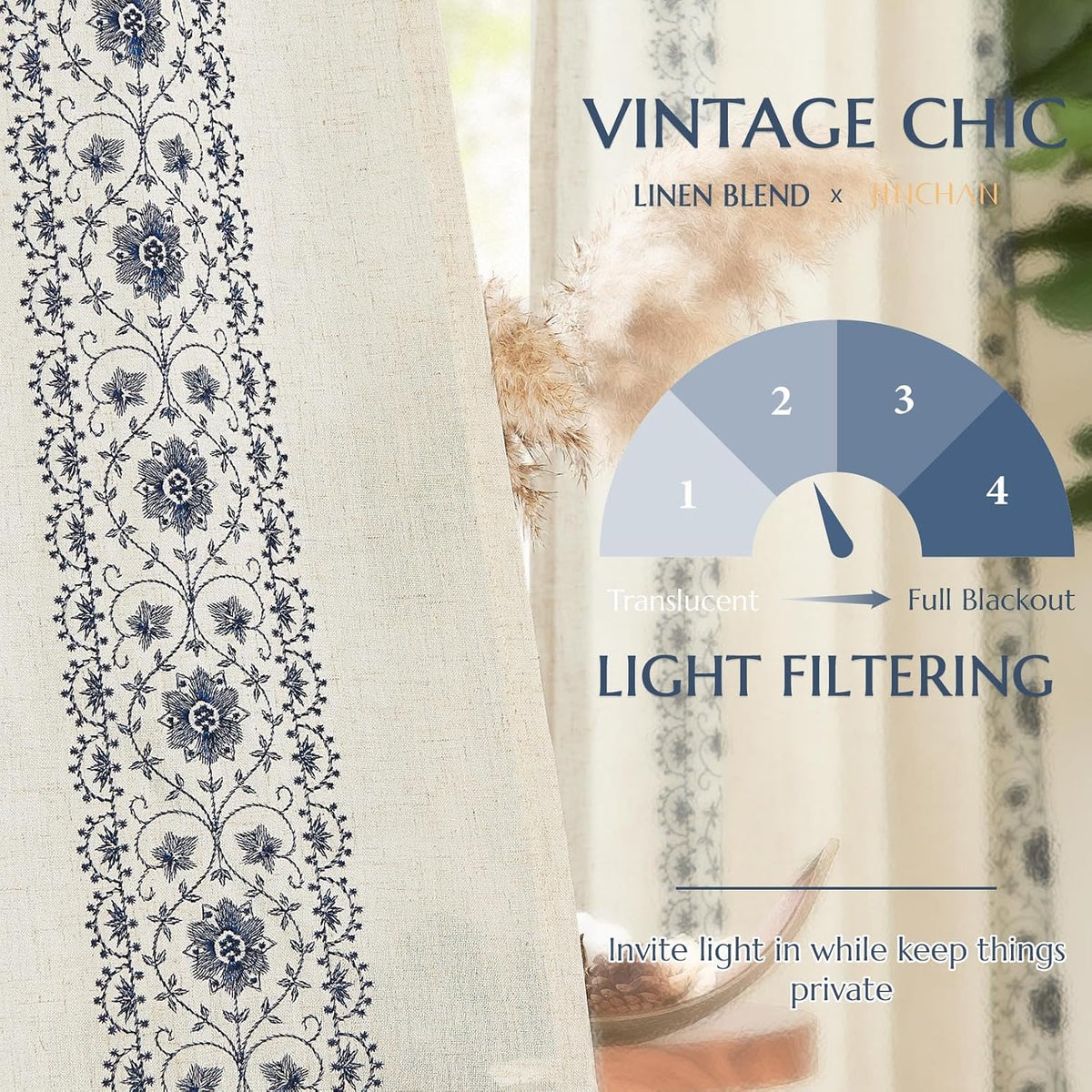 jinchan Floral Lined Linen Curtains Embroidered Back Tab 54Wx84L 2 Panels