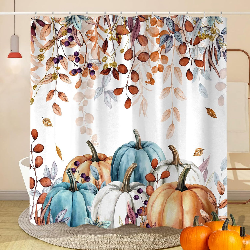 Fall Pumpkin Leaves Shower Curtain, Cute Autumn Harvest Thanksgiving Yellow Boho Watercolor Eucalyptus Leaves Fabric Shower Curtains Set for Bathroom Decorative with Hooks 72 X 72 Inch Bath Decor