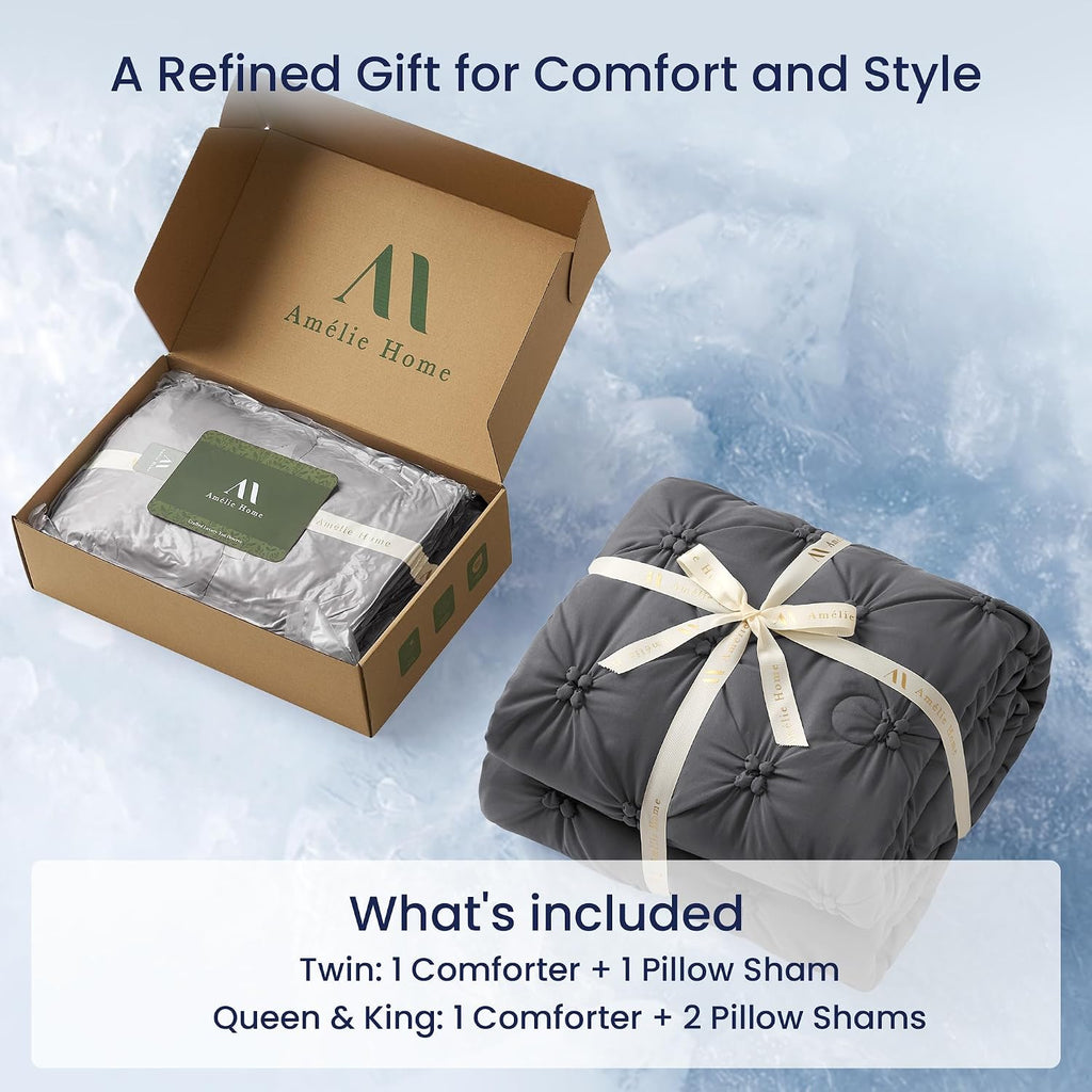 Amélie Home Pintuck Comforter Set for Hot Sleepers, King, Charcoal Grey
