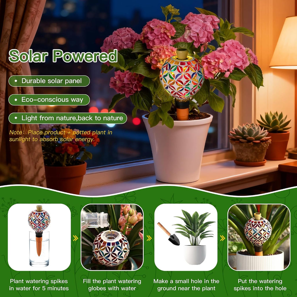 VOREEN Plant Watering Globe with Solar Light, 17oz Geometric Mosaic, 1 Pack