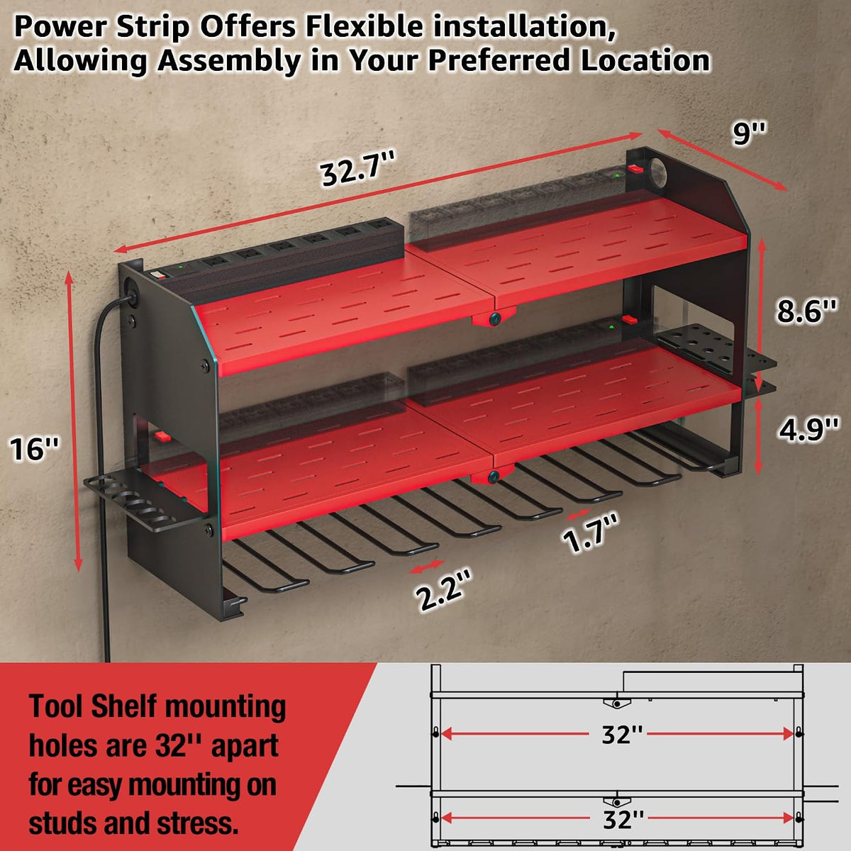 Power Tool Organizer with Charging Station Wall Mount, Cordless Drill and Battery Holder for Garage Organization, Electric Tools Storage Rack Build in Surge Protection Power Strip - Red Shelf