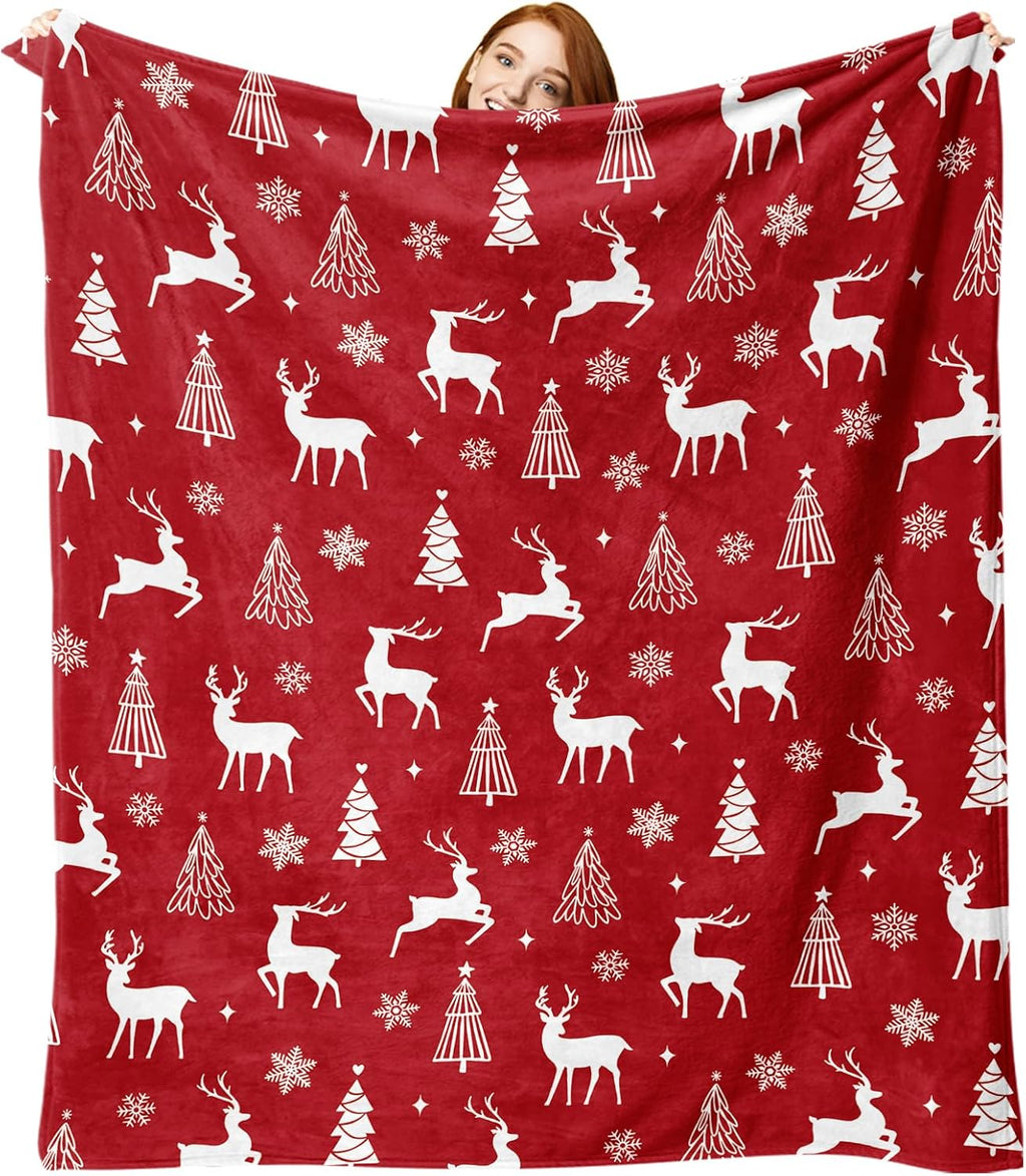 Christmas Tree Reindeer Red Flannel Throw Blanket