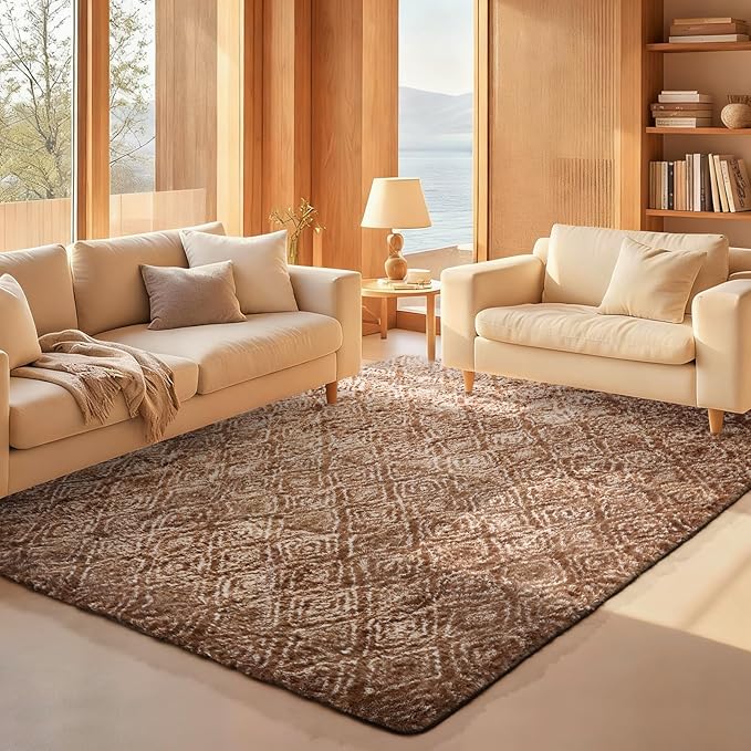 Ophanie Brown and White Diamond Striped Rugs by Ophanie