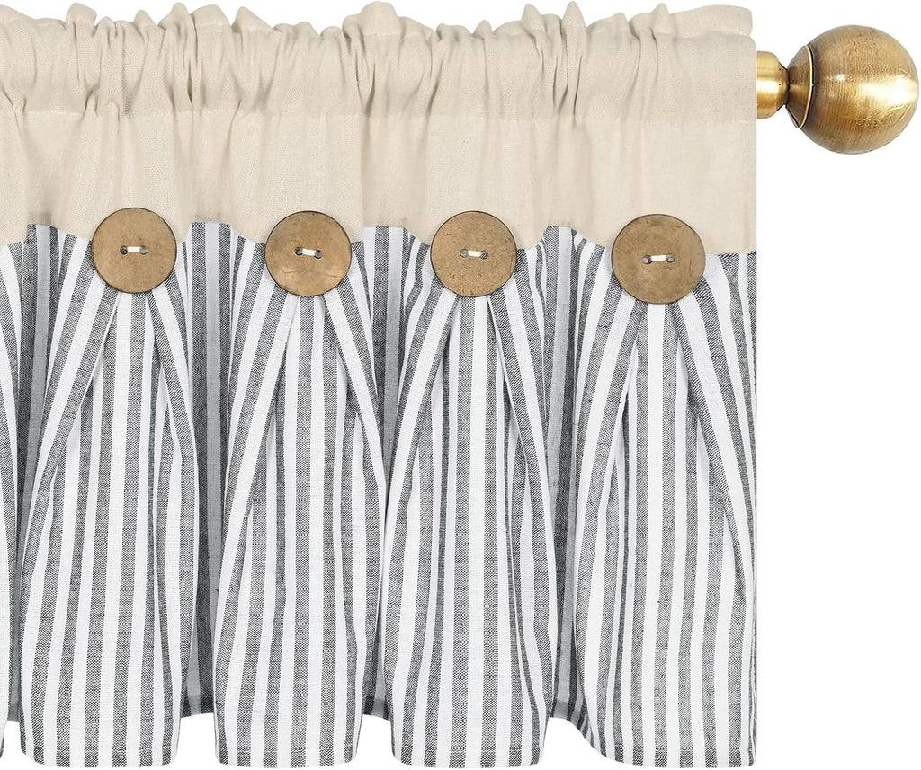 ASPMIZ Farmhouse Cotton Linen Valances for Windows, Boho Kitchen Curtains Valances with Rustic Button, Country Grey Striped Window Treatments Curtain Valance for Bathroom Cafe, 52 x 18 Inch, 1 Pannel
