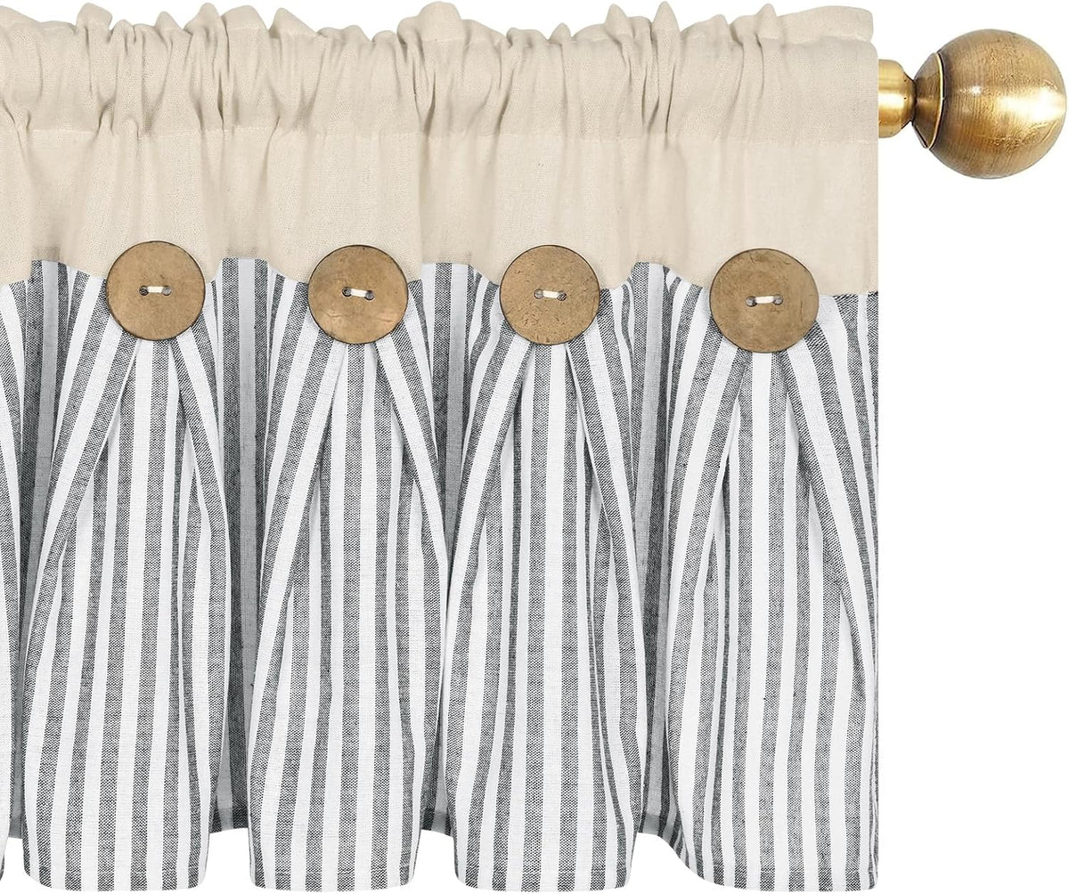 ASPMIZ Farmhouse Cotton Linen Valances for Windows, Boho Kitchen Curtains Valances with Rustic Button, Country Grey Striped Window Treatments Curtain Valance for Bathroom Cafe, 52 x 18 Inch, 1 Pannel