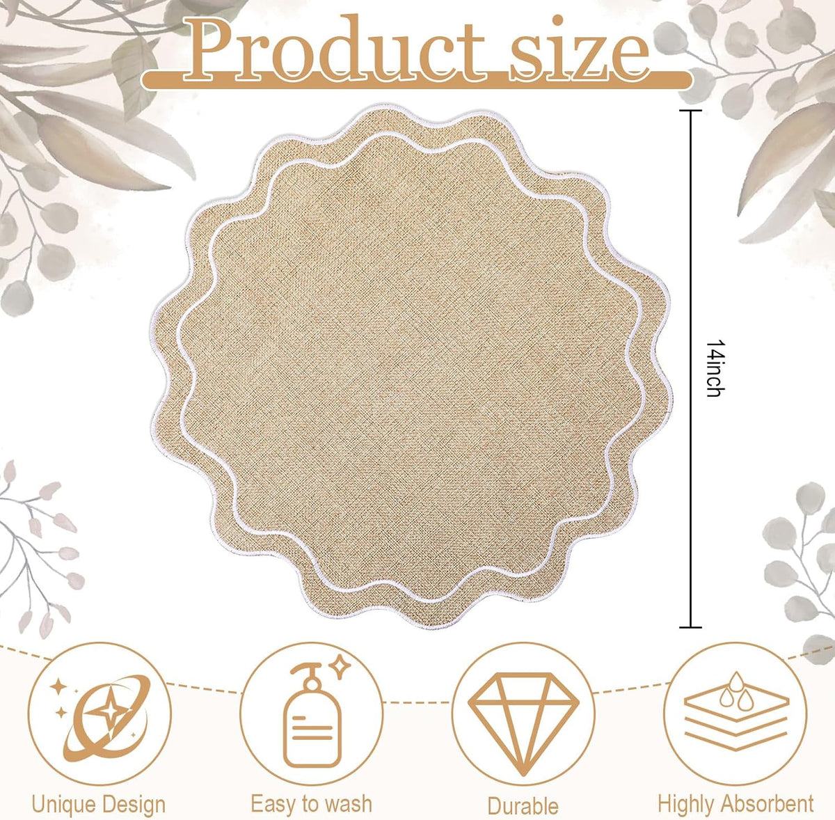 Set of 6 Round Cotton Linen Placemats, Linen with White, 15 Inch