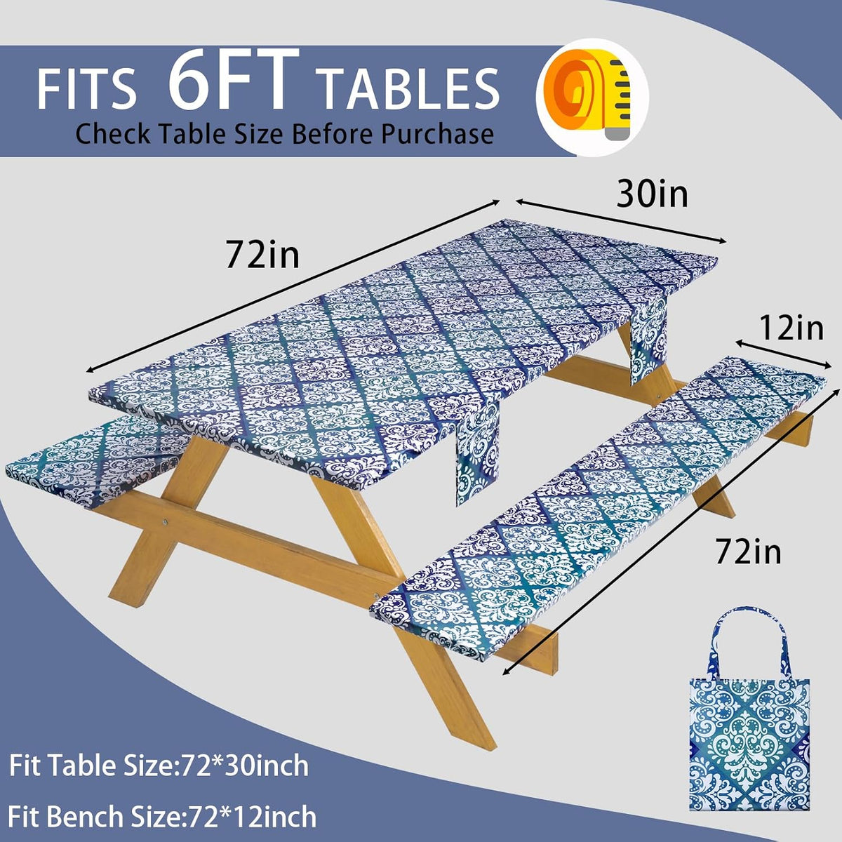 Fitted Waterproof Picnic Table Cover with Bench Covers Elastic Reusable Camping Table Cloths for 6Ft Rectangle Tables Summer Camp Motorhome Party Gear Outdoors Car Travel Trailer Gadgets Gift