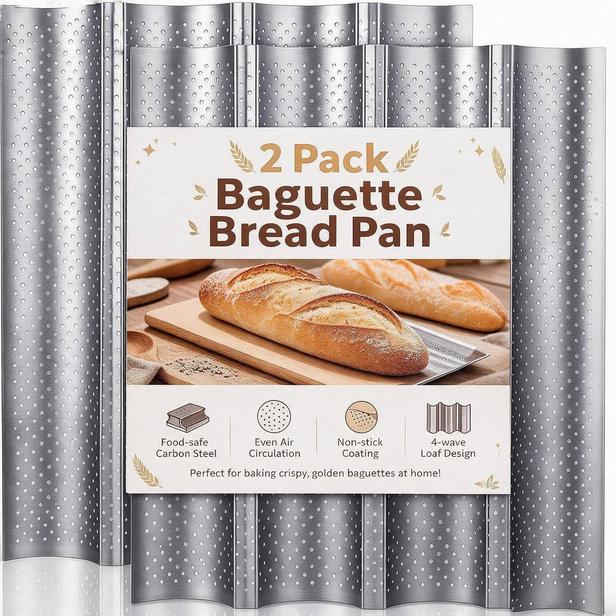 AMAGABELI 2 Pack Baguette Bread Pan 15" x 13" Nonstick Perforated Baguette Tray French Bread Baking 4 Wave Loaf Bake Mold Toast Cooking Baker Molding Gutter Oven Toaster Dishwasher Safe Silver