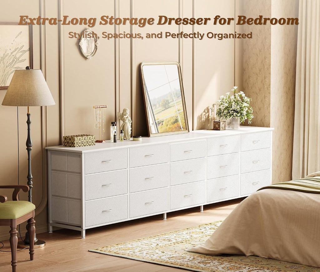 Huuger 78.7 inch Long Dresser for Bedroom, 15 Drawer Fabric Dresser for Closet, Large TV Stand for 65, 75, 85 inch TV, Wide Chest of Drawer with Storage, 78.7" W x 12.9" D x 26.7" H, White