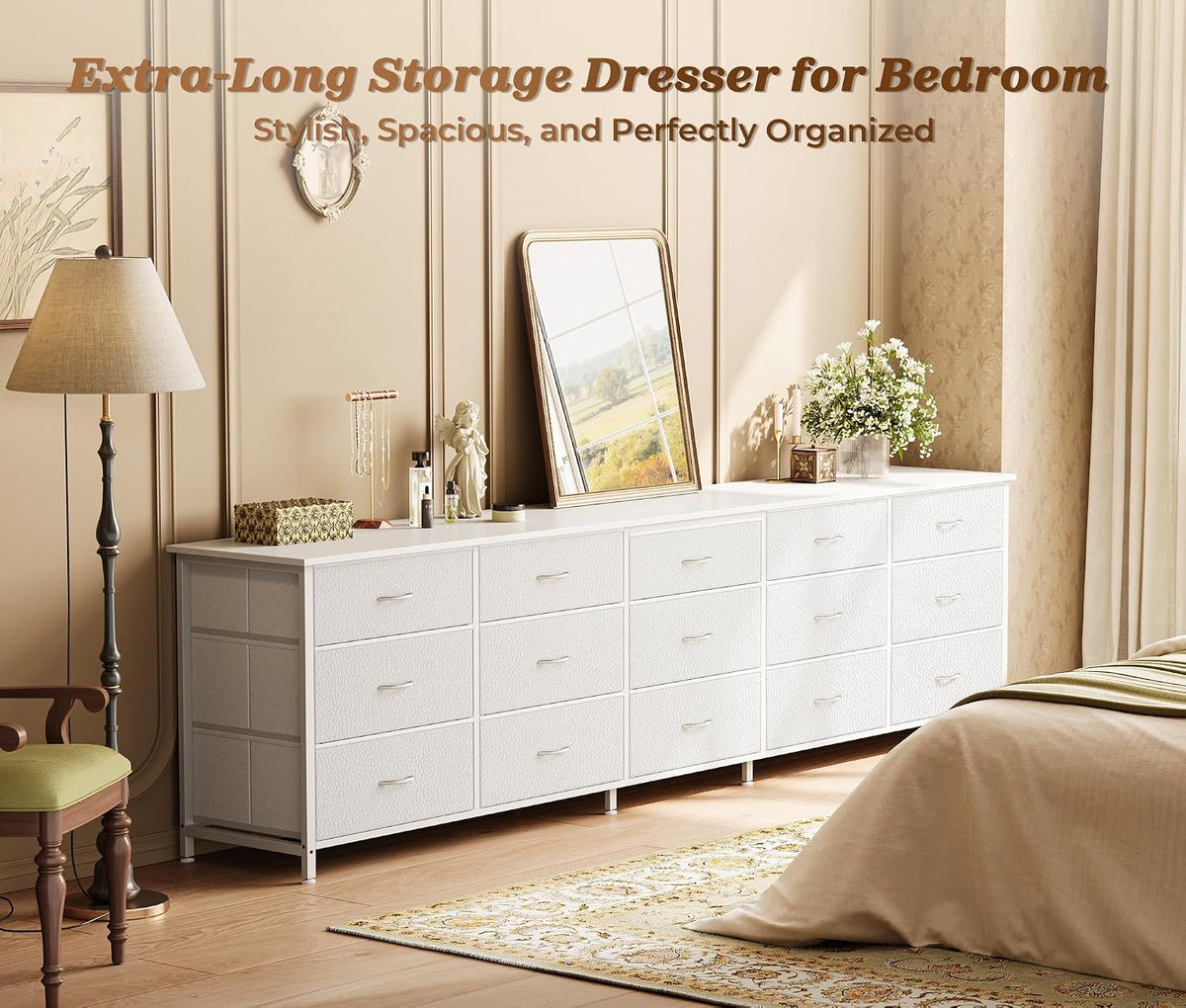 Huuger 78.7 inch Long Dresser for Bedroom, 15 Drawer Fabric Dresser for Closet, Large TV Stand for 65, 75, 85 inch TV, Wide Chest of Drawer with Storage, 78.7" W x 12.9" D x 26.7" H, White