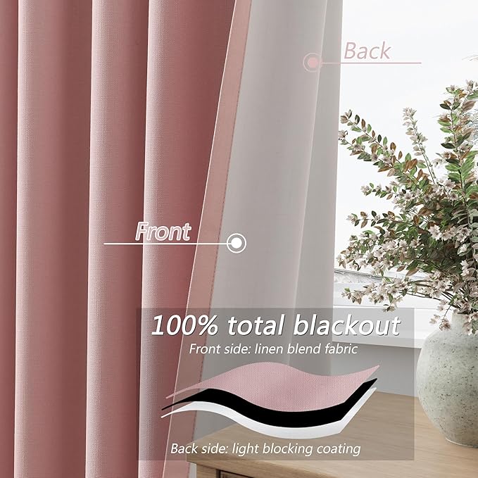 Guken Pink 100% Blackout Linen Curtains 108 Inch 2 Panels Set - Image 4