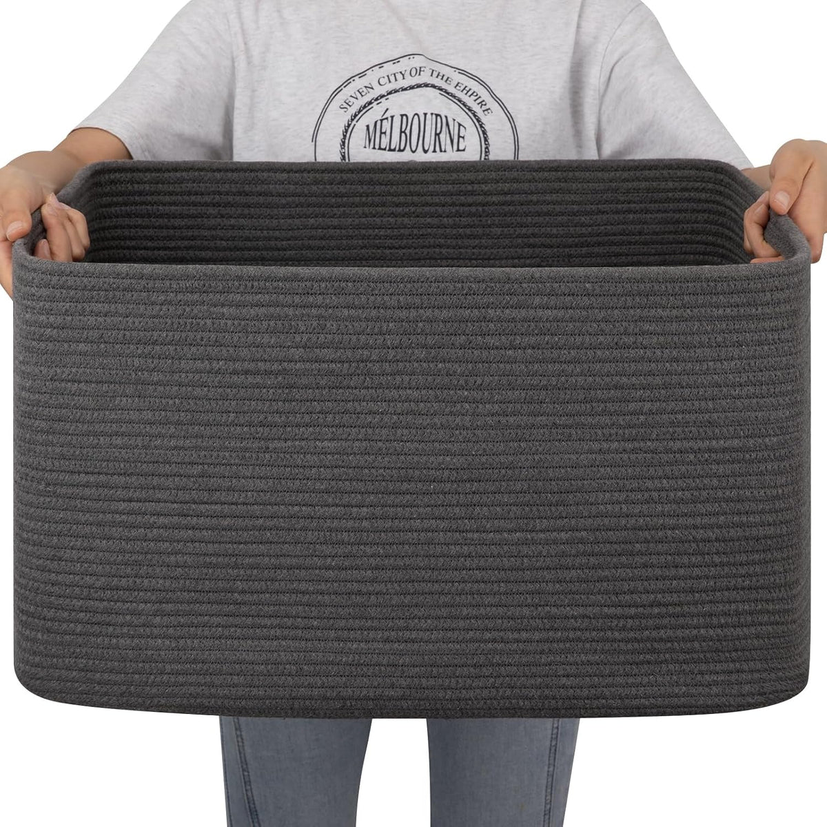 OIAHOMY 75L Large Blanket Basket Woven Rope Storage Basket Dark Grey