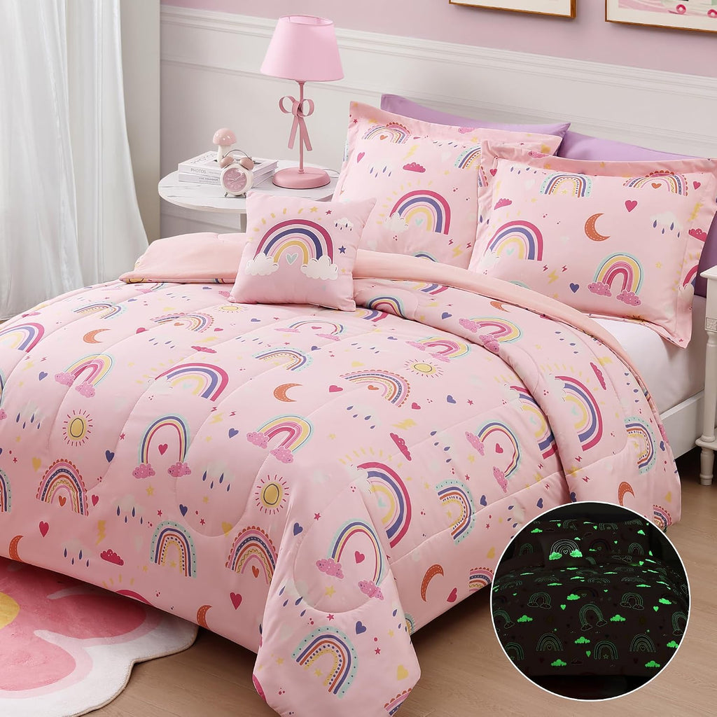 Twin Comforter Set for Girls-3 Pieces Rainbow Glow in the Dark Twin Bedding