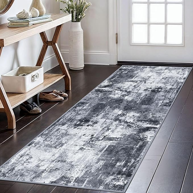 KOZYFLY Modern Abstract Runner Rug 2x6 Washable Grey/Black/Black Runners by KOZYFLY