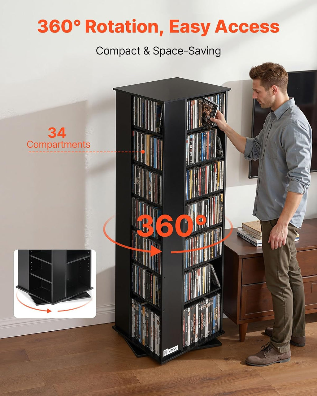 VEVOR Media Storage Cabinet, CD Rack Tower, 34 Compartments Rotating Media Tower Rack for CDs, DVDs, Books and Game Discs, DVD Stand for Living Room, Home Office and Recording Room, Black
