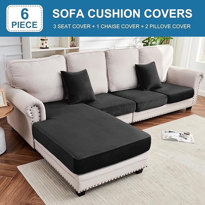 Couch Cover 4-Piece Elastic Velvet Couch Cushion Covers & Chaise Slipcovers - Image 3