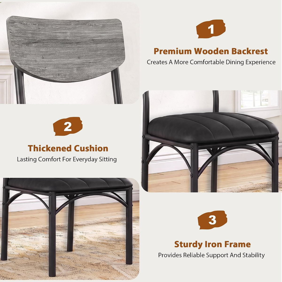 Jocoevol Dining Chairs Set of 4 - Upholstered Dining Room Chairs with PU Leather, Industrial Kitchen Chairs with Wooden Backrest and Thickened Metal Legs, for Dining Room, Living Room（Gray）