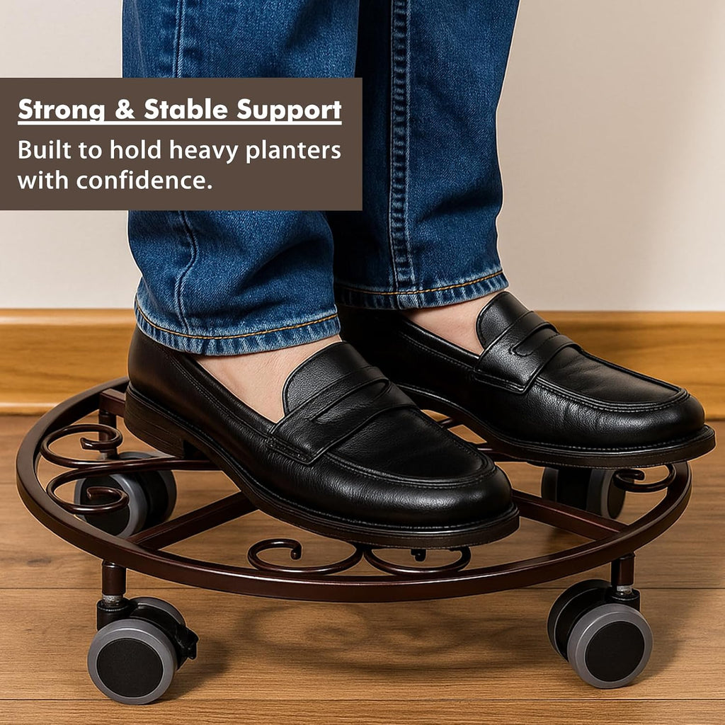 3 Pack Plant Caddy with Wheels & Saucers, Heavy Duty 13.5 Inch Metal Plant Stand with Wheels, Plant Dolly Rolling Plant Stand Plant Roller with Casters for Indoor and Outdoor, Bronze