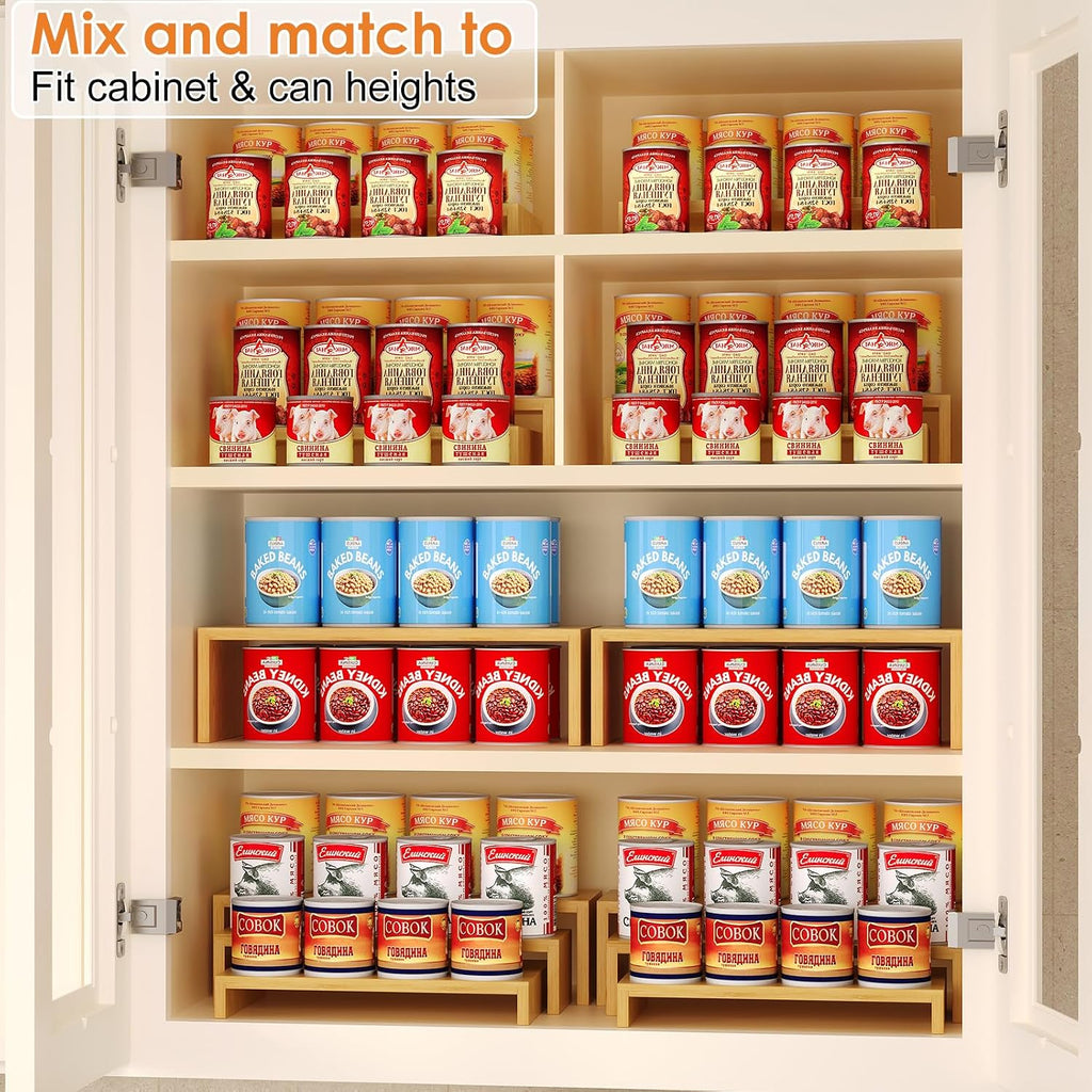 2 Sets DIY Bamboo Can Organizer for Pantry, 3-Tier 6-Piece Can Display Rack