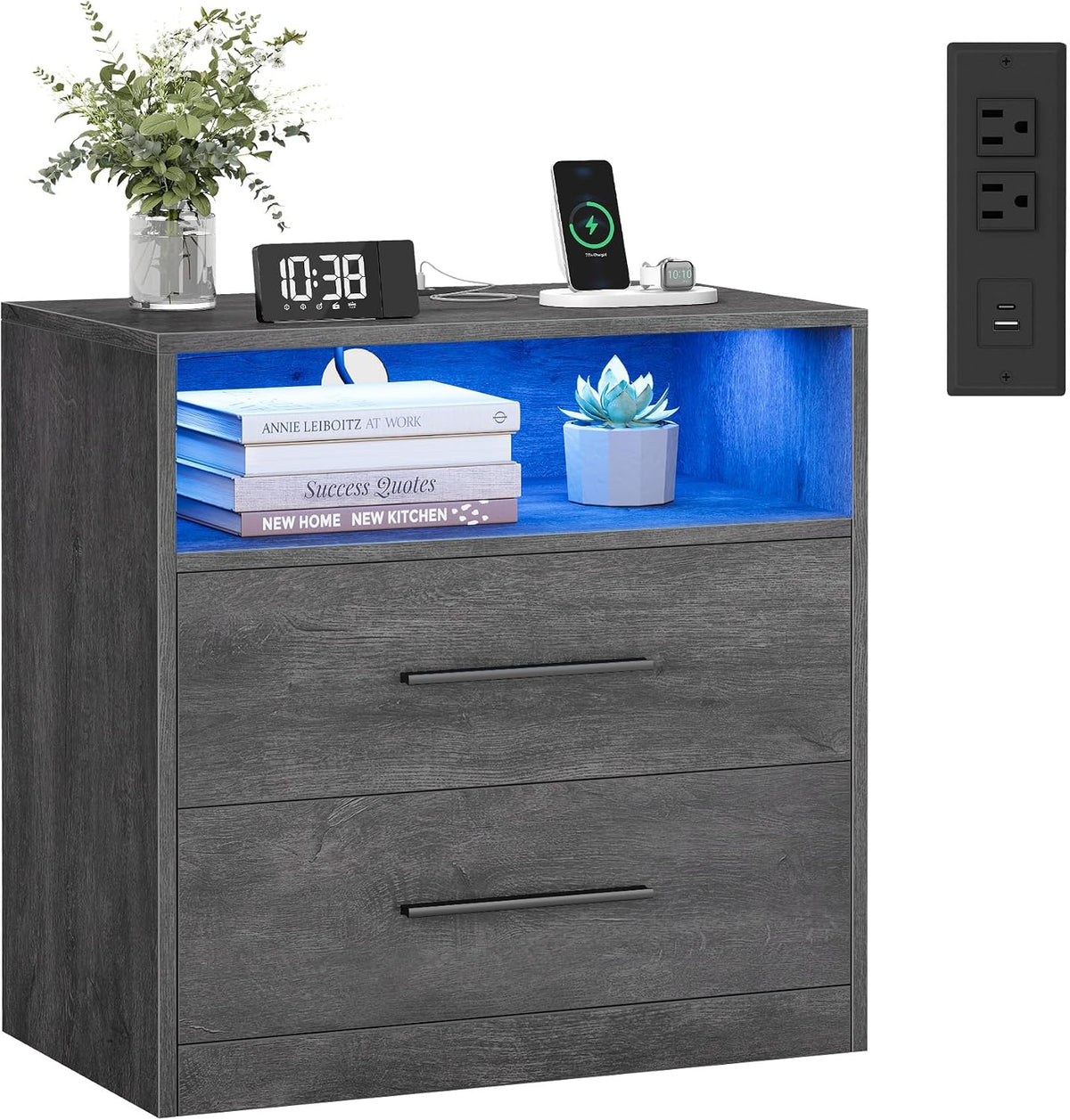VASAGLE 23.6 Nightstands, LED Lights, Charging Station, 2 Drawers