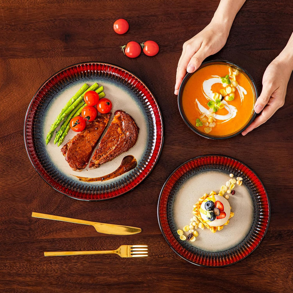 vancasso 12-Piece Red Ceramic Dinnerware Sets Plates and Bowls Sets for 4
