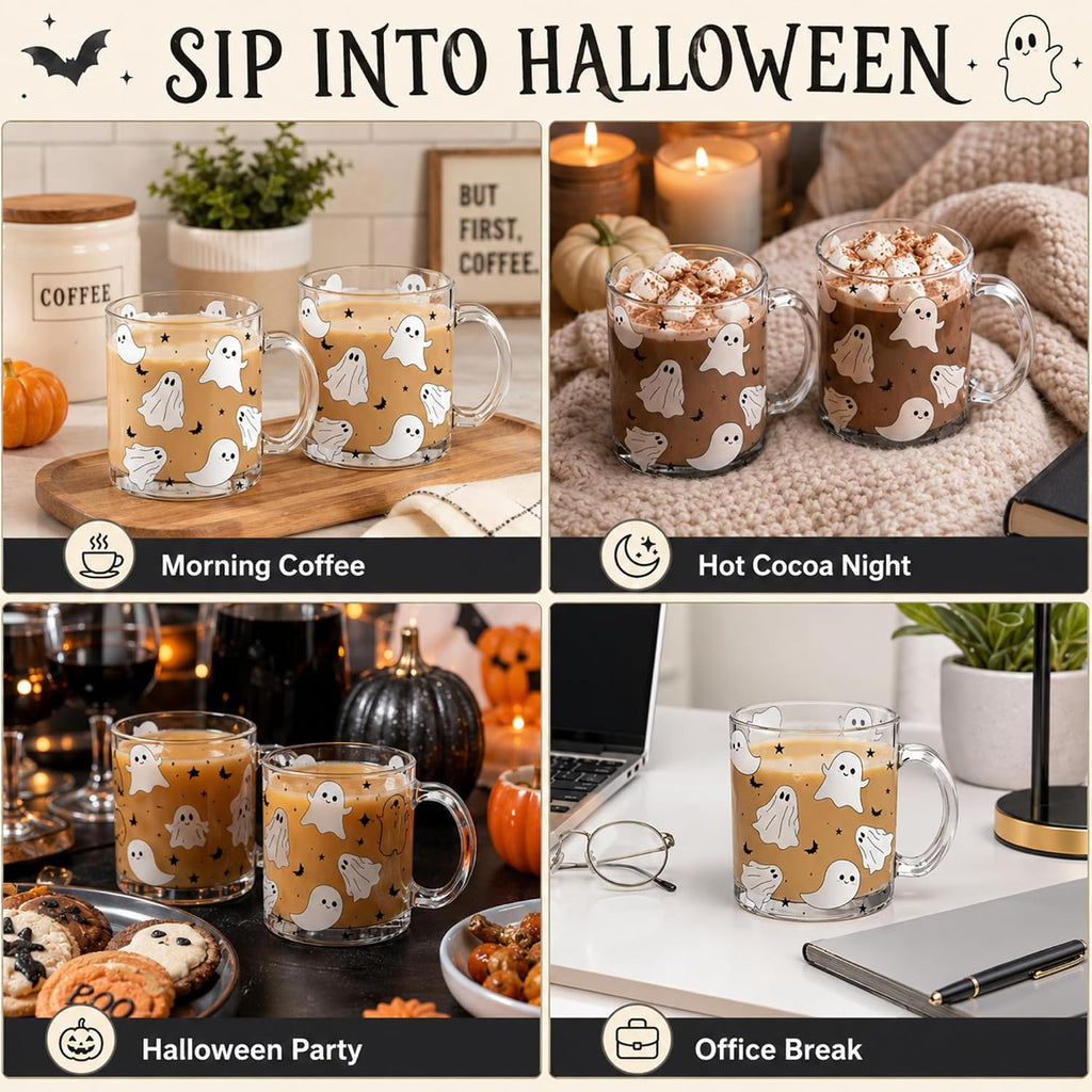 4 Pcs 12oz Halloween Ghosts Glass Coffee Mugs with Handle