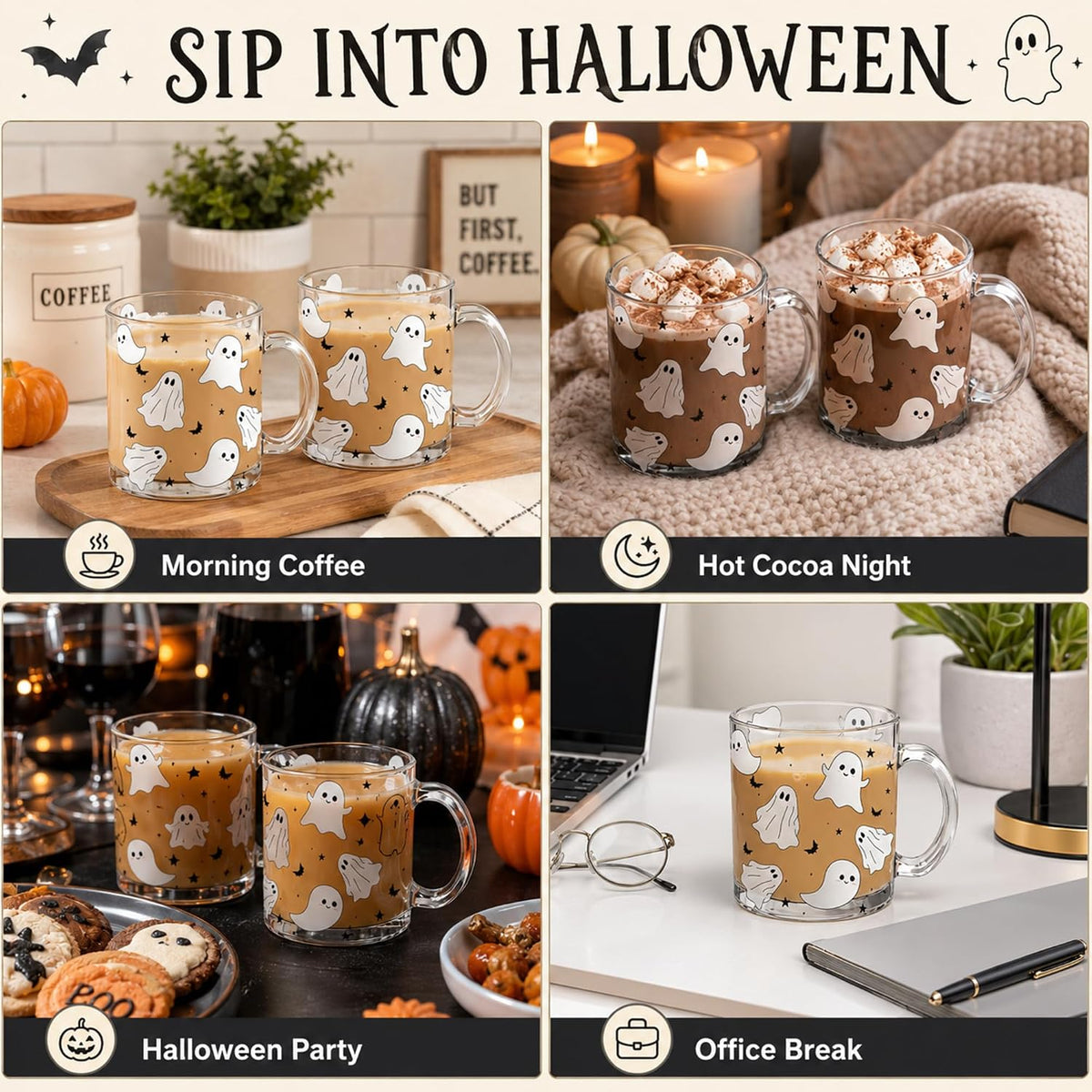 4 Pcs 12oz Halloween Ghosts Glass Coffee Mugs with Handle