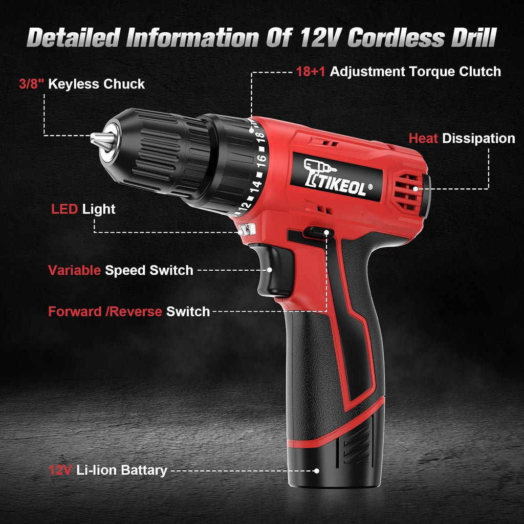 12V Cordless Drill Set with Battery & Charger, Electric Power Drill with Pure Copper Motor, 180 In-lbs Torque, 18+1 Clutch, 3/8" Keyless Chuck, LED Light, Drill Kit for Home Repair, DIY(RED)