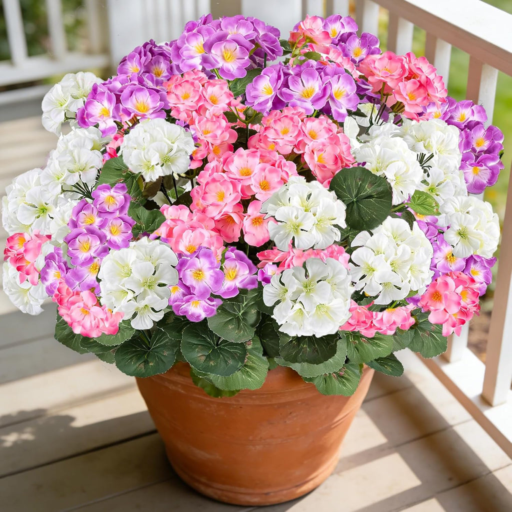 Artificial Fall Flowers for Outdoors, 6PCS Silk Geraniums, Sunset