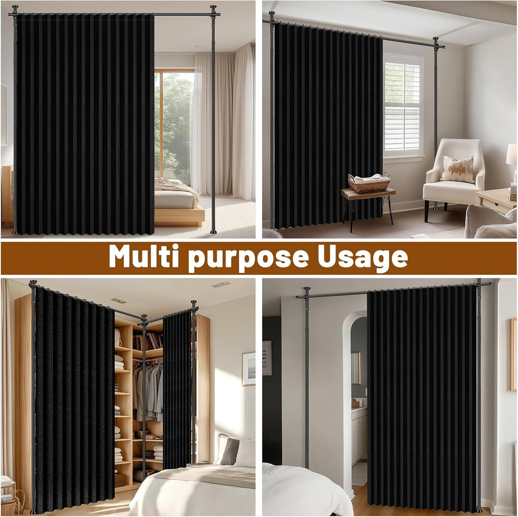 100% Blackout Room Divider Curtains Sets Black 1 Panel W100 x L84in No Drill Curtain Rods(H) 43-120×(W) 35-100 in for Bedroom Privacy Partition Separator