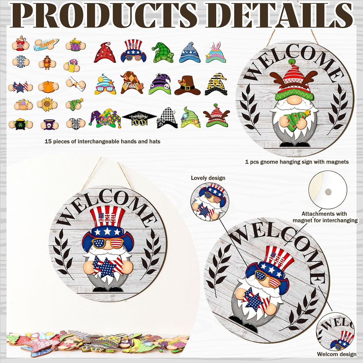 Qunclay Interchangeable Gnome Welcome Sign Seasonal Gnomes, 20, Gray