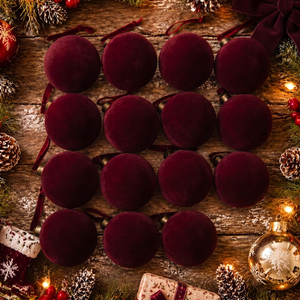 15 Pcs Burgundy Red Velvet Christmas Decorations Balls, 2.65 Inch Christmas Ornaments for Xmas Tree Decor, Dark Red Flocked Ball for Family Holiday Party Valentines Hanging Decoration
