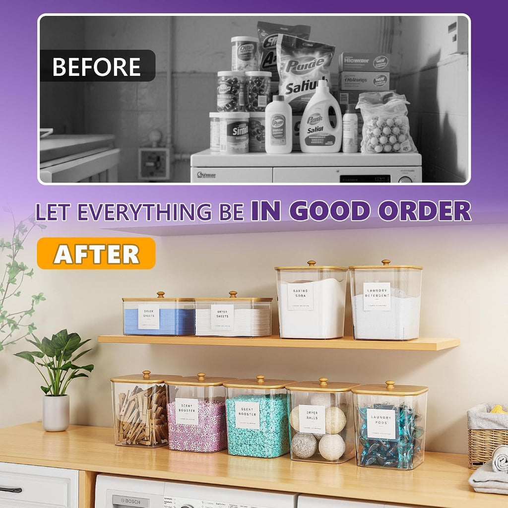 3+1 Pack Bamboo Laundry Pods Container, Clear Laundry Room Organization Containers,Large Laundry Detergent Powder Storage Containers Lids & Labels, Acrylic Laundry Pods Holder for Scent Booster