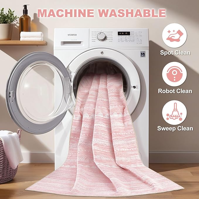 Nakagishi Pink Rugs for Bedroom Girls: 5x8 Washable Boho Large Neutral Area Rug - Image 2