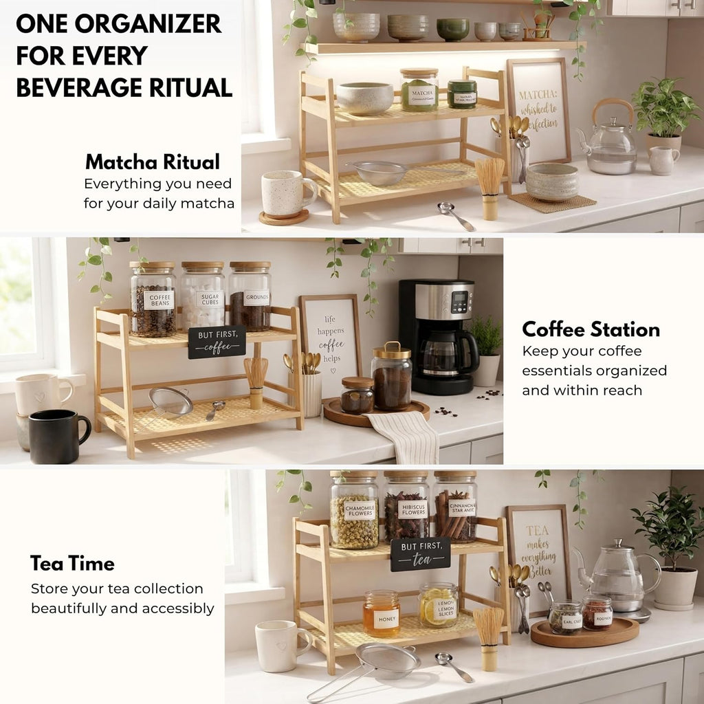 Matcha Station and Coffee Bar Organizer Set, Bamboo Countertop Shelf for Tea, Cups and Accessories, Includes Whisk, Steel Spoon and Fine Mesh Strainer