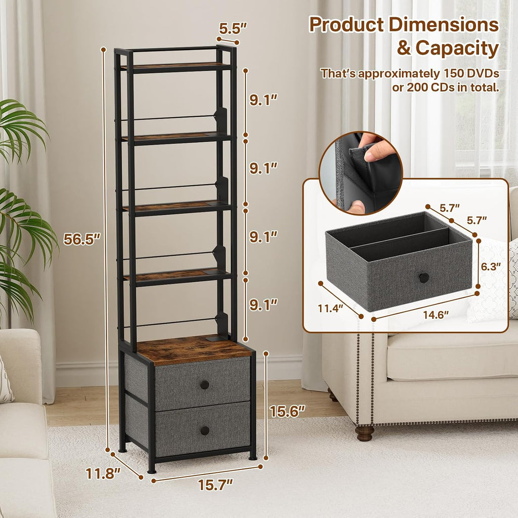CD Storage Rack with Drawer, 5-Tier Media Storage Shelf