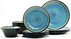 Melamine Dinnerware Sets, 12 Pcs Plates and Bowls for 4, Blue and Black